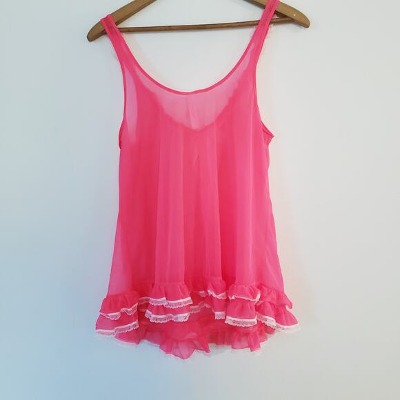 Victoria's Secret Sheer Iconic Fluorescent Neon Pink Babydoll Tiered Ruffles Bow - Picture 2 of 6